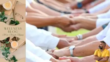 Group of people holding hands in a line, symbolizing trust and connection, with a man in a yellow shirt looking thoughtfully at the scene, and a wellness blog banner on the left side.