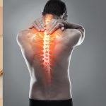 Man with highlighted spine experiencing back pain, holding his neck, with a wellness blog banner on the left side and a man in a yellow shirt looking thoughtfully at the scene.