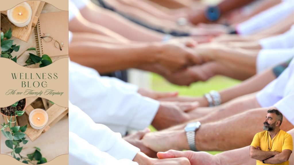 Group of people holding hands in a line, symbolizing trust and connection, with a man in a yellow shirt looking thoughtfully at the scene, and a wellness blog banner on the left side.