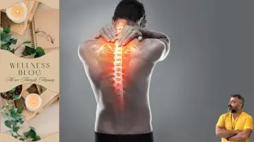 Man with highlighted spine experiencing back pain, holding his neck, with a wellness blog banner on the left side and a man in a yellow shirt looking thoughtfully at the scene.