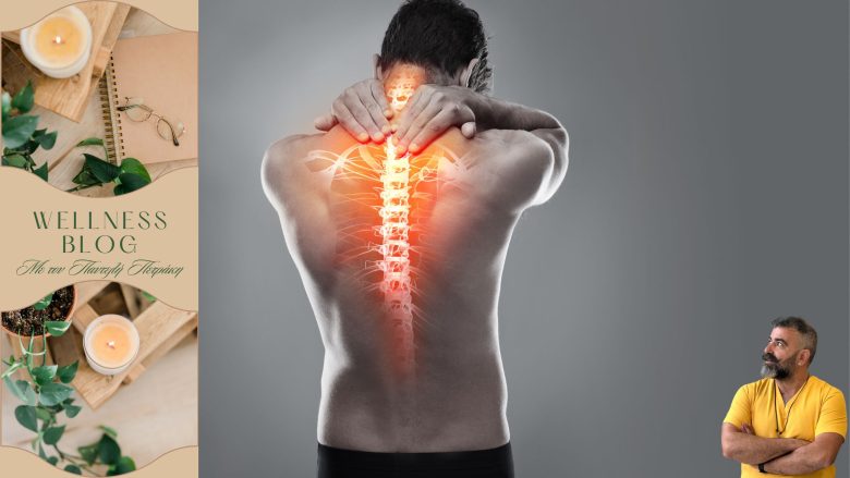 Man with highlighted spine experiencing back pain, holding his neck, with a wellness blog banner on the left side and a man in a yellow shirt looking thoughtfully at the scene.